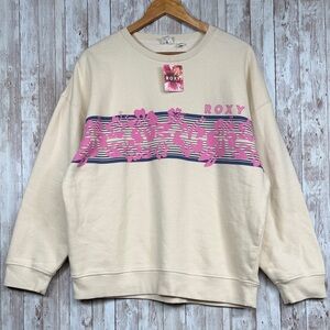 NWT Roxy Crew Neck Sweatshirt sz Medium Cream Pink Tropical Graphic Logo Relaxed